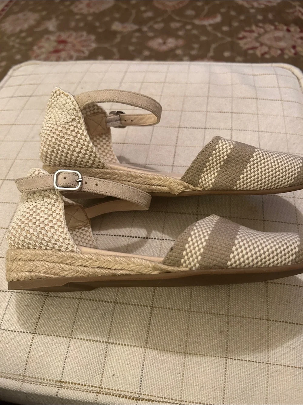 Eric Michael Striped Ankle-Strap Espadrilles in Taupe and Cream